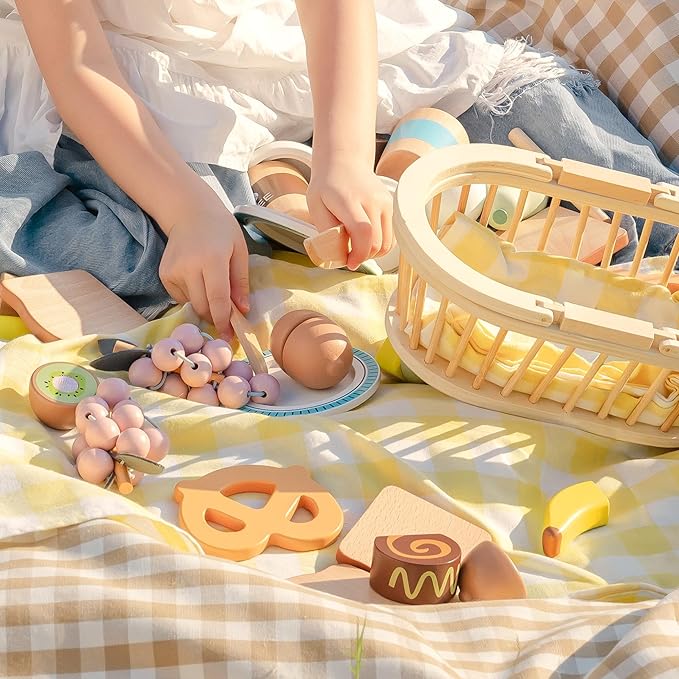 ROBUD Wooden Play Food for Kids, Picnic Cutting Fruit for Toy Kitchen Accessories, Picnic Basket Toy Set with Realistic Play Food, Develop STEM & Make, Montessori Toys for Toddler, WG422