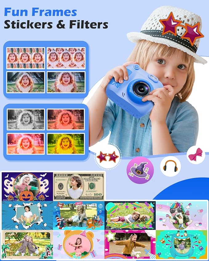 Kids Camera Instant Print - Christmas Birthday Gifts for Girls Boys Age 3-12, 1080P Video Digital Camera with 3 Rolls Printing Paper, Toddler Travel Toy Camera for 4 5 6 7 8 9 10 11 Year Old - Blue