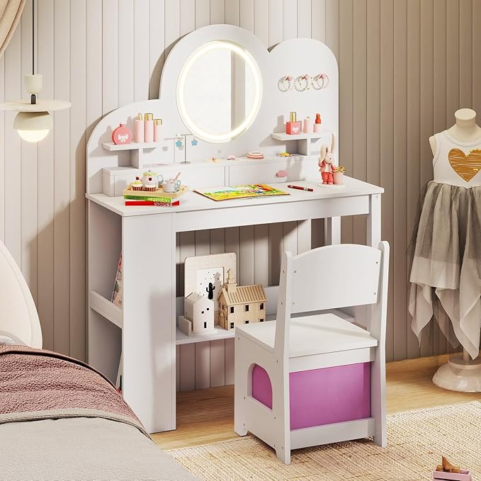 HONEY JOY Kids Vanity with Lights and Open Bookshelf, Cloud Princess Makeup Dressing Desk, Drawers, Wooden Pretend Play Toddler Vanity Table & Chair Set with Lighted Mirror for Little Girls (White)