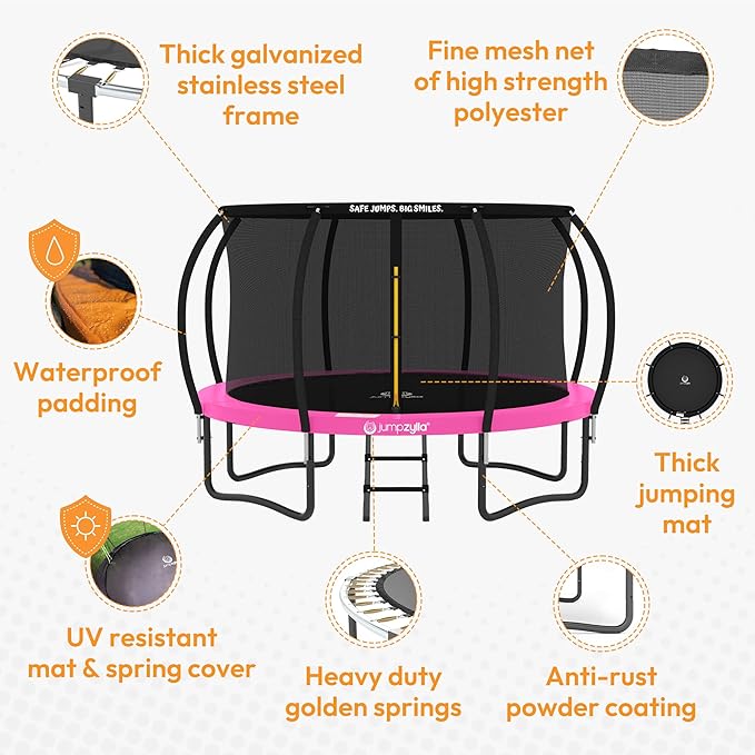 JUMPZYLLA Trampoline Outdoor 8FT 10FT 12FT 14FT 15FT 16FT with Enclosure and Ladder, ASTM Approved Recreational Trampoline for Kids and Adults, Anti-Rust Coated Frame