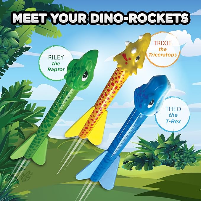 Stomp Rocket Dino-Soar Rocket Launcher for Kids - 3 Dinosaur-Themed Rockets - Fun Backyard & Outdoor Fun Toy Gift for Boys & Girls - STEM Soft Foam Blaster Set - Ages 3 & Up