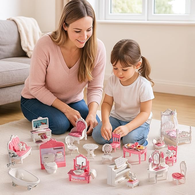 ROBOTIME 26PCS Dollhouse Furniture Set for Kids – Realistic Dollhouse Accessories with 5 Rooms: Living Room, Bedroom, Bathroom, Dining Room & Balcony, for Girls & Boys Ages 3+