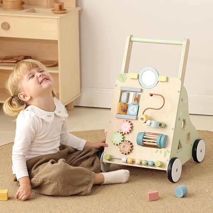 OOOK Wooden Baby Walker with Wheels, Montessori Baby Push Walker, Sit to Stand Walker for Baby Boy 6-12 Months, Toddler Standing Activity Center for Boys and Girls