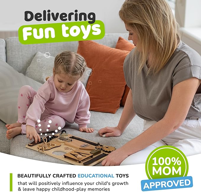 deMoca Sensory Busy Board for Toddlers, Premium Wooden Toddler Busy Board for 1 2 3 Year Old with 10 Educational Activities for Fine Motor Skills, Fidget Activity Toy for Travel Toy