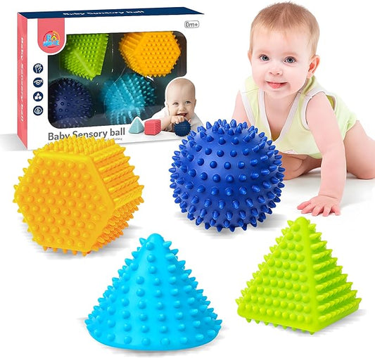 Soft Spiky Sensory Balls - Textured Geometric Shapes for Babies' Sensory Development, Massage Sensory Balls for Toddlers 1-3 Multicolor Bath Gifts Montessori Toys Baby Balls 6 to 12 Months
