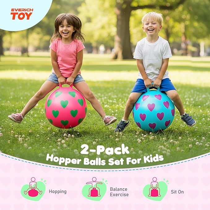 EVERICH TOY 2-Pack Hopper Ball, 15In Hippity Hop Balls for Kids 3-6, Heart Bouncy Ball with Handle, Indoor Outdoor Inflatable Christmas Hopping ToysGifts for Girls Boys