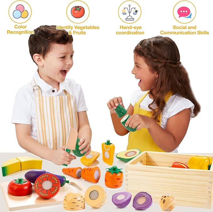 Wooden Play Food Set for Kids Kitchen | Cutting Veggies & Fruits Toy Food Set with Storage Case & Bag, Play Kitchen Accessories, Pretend Play Food for Toddlers 3+