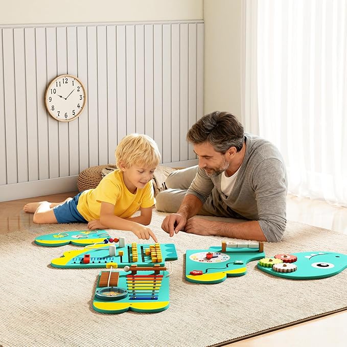 HONEY JOY Dinosaur Activity Wall Busy Board Panels, 11-in-1 Wooden Sensory Wall Panel for Kids, Toddler Learning Activity Center, Ideal for Playroom Daycare Nursery Classroom Dentist Office (Green)