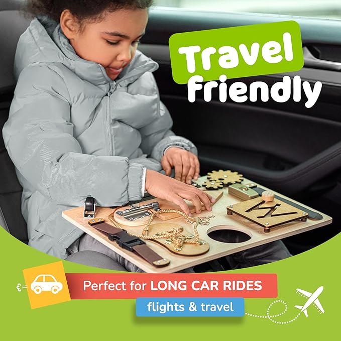 deMoca Sensory Busy Board for Toddlers, Premium Wooden Toddler Busy Board for 1 2 3 Year Old with 10 Educational Activities for Fine Motor Skills, Fidget Activity Toy for Travel Toy