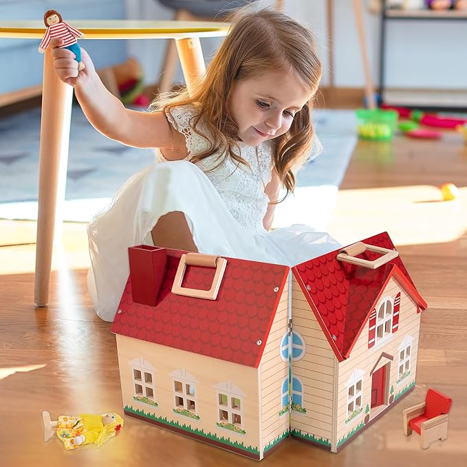 Foldable Wooden Dollhouse with 13pcs Furniture, 4 Rooms and 2 Flexible Dolls, Pretend Play House Set with Portable Handle, Christmas Birthday Gift for Boys Girls Kids Age 3+
