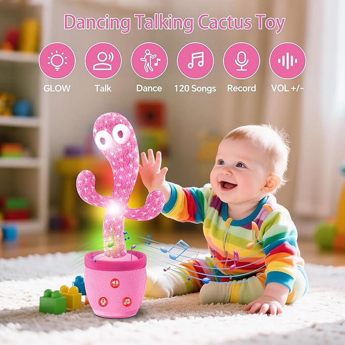 See n Say Toys for Toddlers 1-3 Talking Cactus Toy,2025 Dancing Baby Stuff Toy for 1 2 3 Year Old Boy Girl,Great Christmas Kids Gifts,Pink Infants Xmas Stocking Stuffers for Babies Items