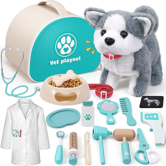 Lorfancy 22 Pcs Kids Doctor Kit Dog Toys Toddlers Wooden Veterinarian Playset Walking Barking Electronic Stuffed Dog Vet Costume Puppy Pet Pretend Play Gifts for Girls Boys 3 4 5 6+ Year Old