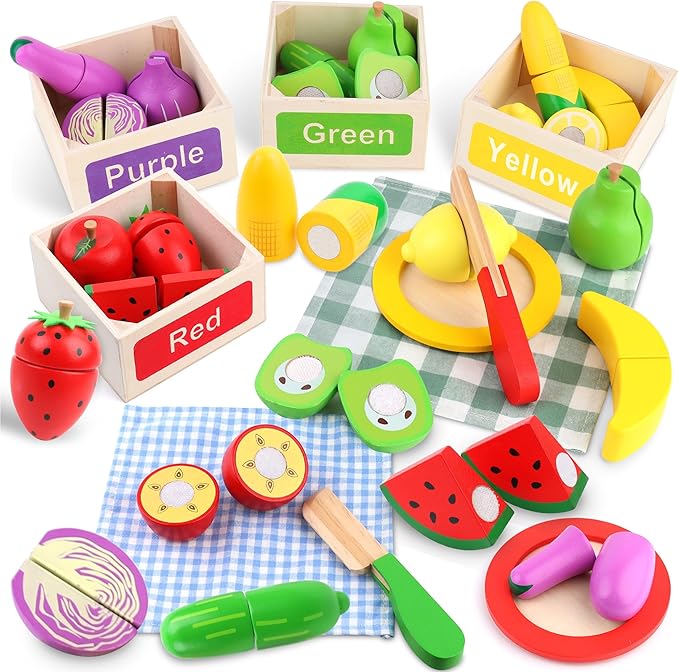 MerryPony Wooden Play Food Set for Kids Kitchen Accessories - 34 Pcs Velcro Fruit & Veggie Cutting Toys with 4 Color Sorting Boxes, Montessori Pretend Play for Toddlers, Birthday Gifts for Boys Girls