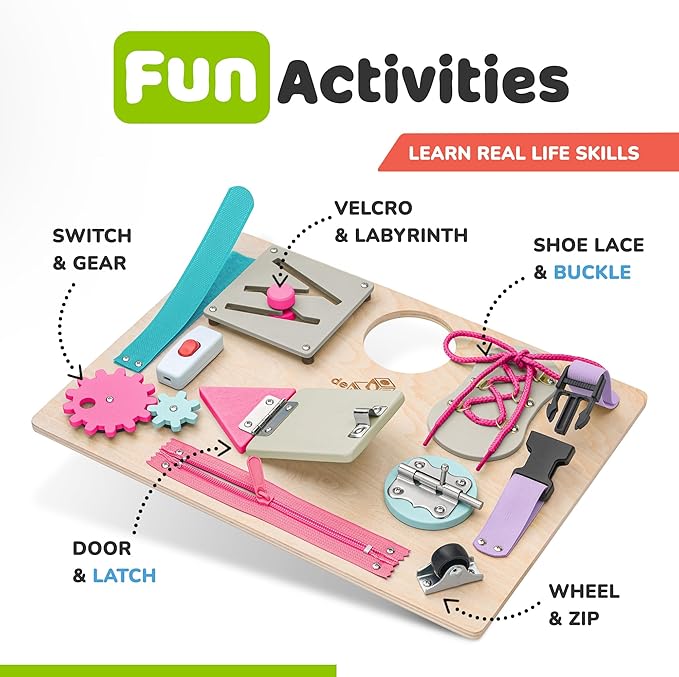 deMoca Sensory Busy Board for Toddlers, Premium Wooden Toddler Busy Board for 1 2 3 Year Old with 10 Educational Activities for Fine Motor Skills, Fidget Activity Toy for Travel Toy