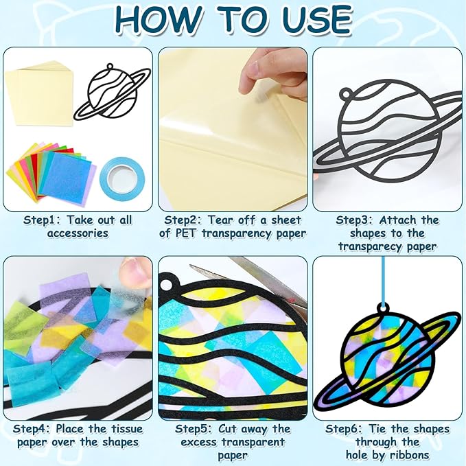 Qyeahkj 36 Set Outer Space Suncatchers Crafts for Kids DIY Solar System Window Tissue Paper Craft Kit Space Hanging Decor for Planet School Home Activity Art Project Birthday Party Favor Gift