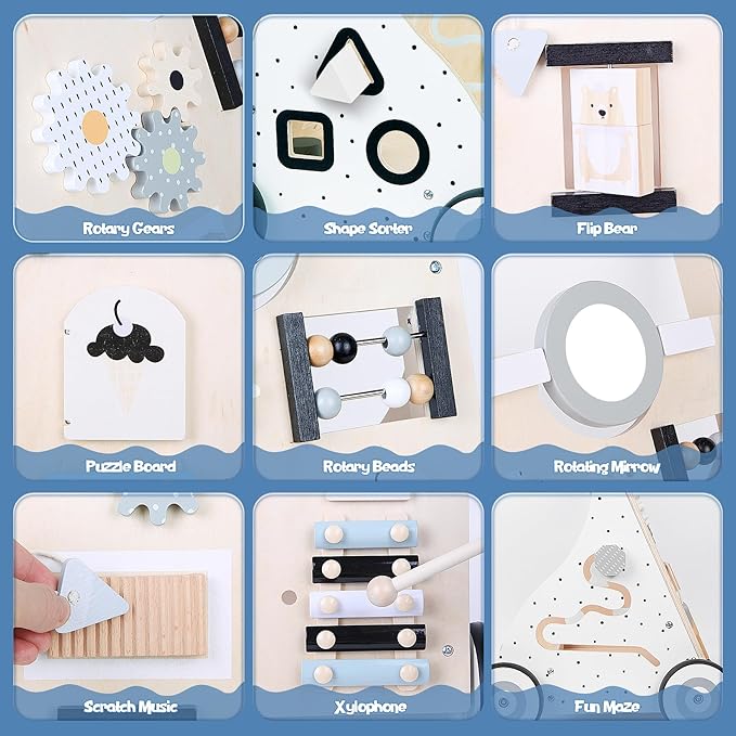 Asweets Wooden Baby Walker Push and Pull Learning Activity Walker Kids’ Activity Toy Multiple Activities Center Develops Motor Skills & Stimulates Creativity(Natural)