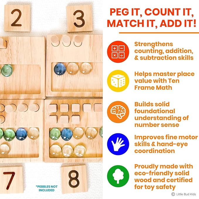 LITTLE BUD KIDS Counting Pegs - A Ten Frame Math Game with Addition and Subtraction Flash Cards, A Wooden Montessori Math Toy & Math Manipulatives Number Peg Boards for Kids 3 4 5 6 7