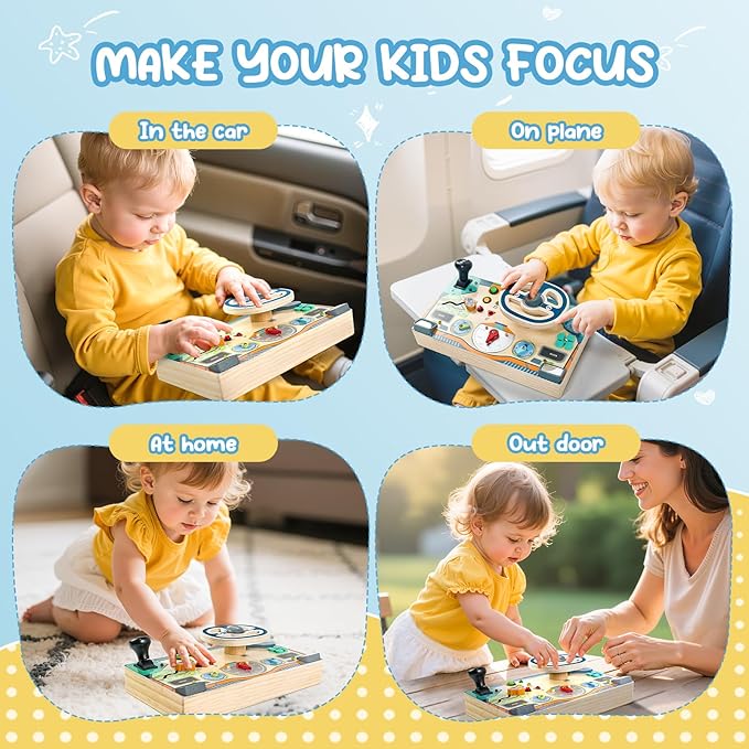 Busy Board Montessori Toys for 1 2 3 Year Old, Wooden Toddler Sensory Toy Busy Board with LED Lights Sound Switch, Toddlers Activity Travel Toy, Steering Wheel Toddler Toys Christmas Gift for Boy Girl