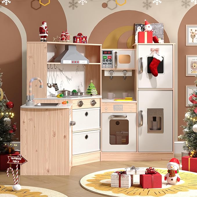 Wooden Play Kitchen for Kids with Realistic Lights & Sounds, Smart Storage, Pretend Ice Maker, Sink, Stove, Inspiring Creative Role Play Toy for Ages 3+(Light Wood)