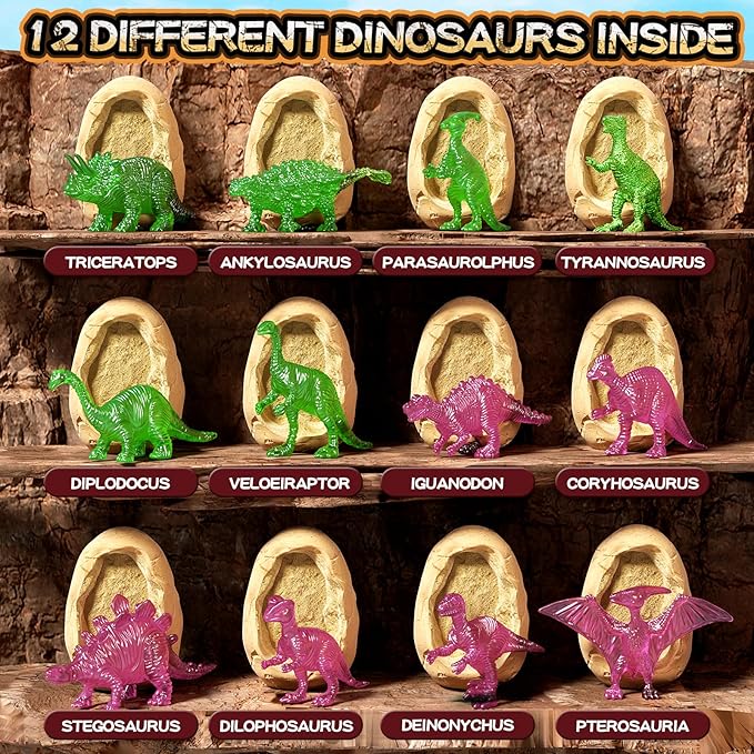 12 Glow in The Dark Dinosaur Eggs, Dig Kit Toys for Kids, Surprise Dinosaur Eggs Excavation Kit with Magnifier, STEM Birthday Party Favor Gifts for Boys Girls Age 3 4 5 6 7 8 9 10 + Years Old