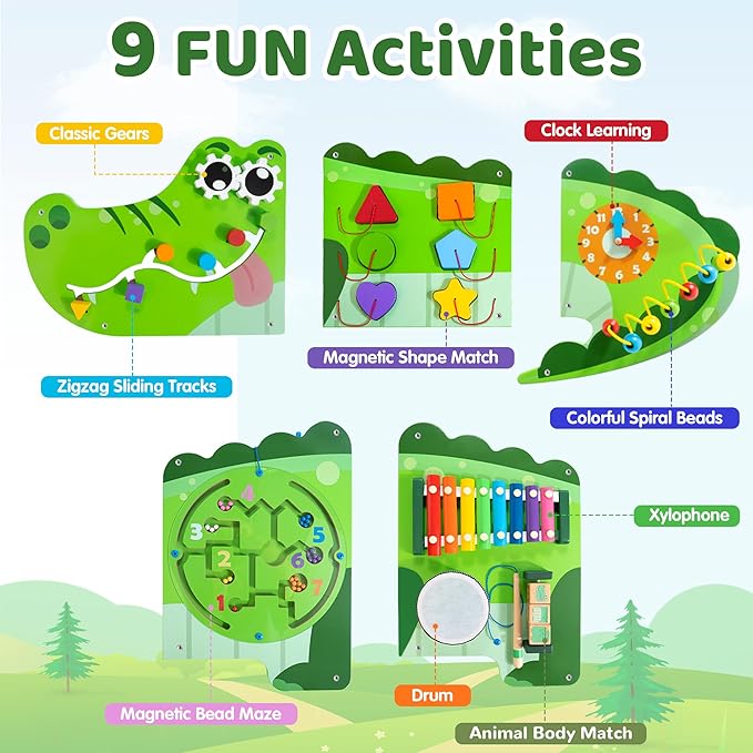 Crocodile Activity Wall Busy Board Panels | 9-in-1 Wooden Sensory Wall Panel for Kids, Montessori Learning Activity Center | Perfect for Toddler Playroom, Daycare, Nursery, Classroom or Dr's Office