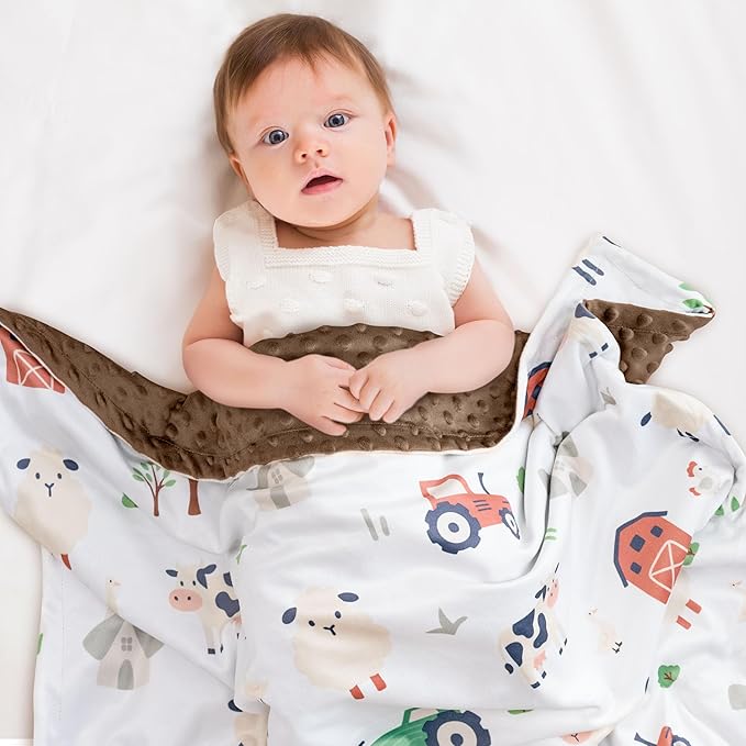Baby Blanket for Boys Girls, 30x40 Inch Soft Lightweight Minky Dot Blanket with Farm Animals, Double-Layer Dotted Backing for Infant Toddler Nursery Crib, Sensory Security Blanket
