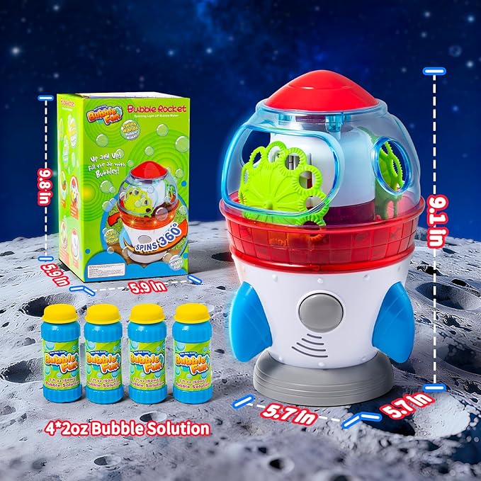 Rocket-Shaped Bubble Machine for Kids & Pets - Dual Powerful Bubble Outlets, Automatic 360° Rotation, Adjustable LED Lights & Music – Ideal for Indoor/Outdoor Birthday Parties