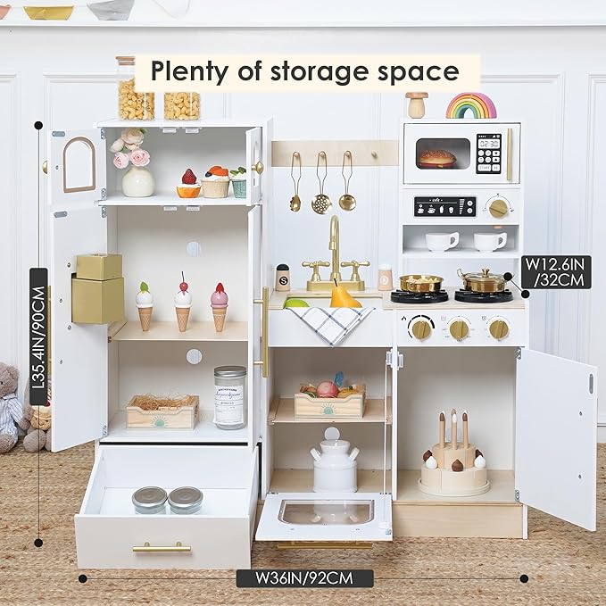 Wooden Play Kitchen Set - Realistic Pretend Play Kitchen with Stove, Sink, Coffee Maker & 11 Fun Accessories | Montessori Toy Kitchen for Toddlers Ages 3+