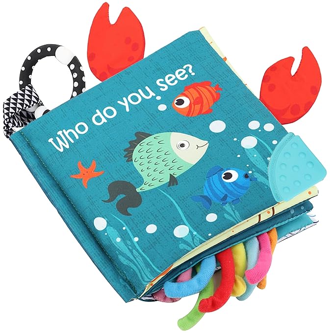 Fish Baby Books Toys, Touch Feel Cloth Crinkle Books for Babies,Baby Infant Toys 0-6, 6-12,12-18 Months,Early Learning Education, Christmas Shower Baby Gifts for Boys Girls,Teething,Mirror,Shark Ocean