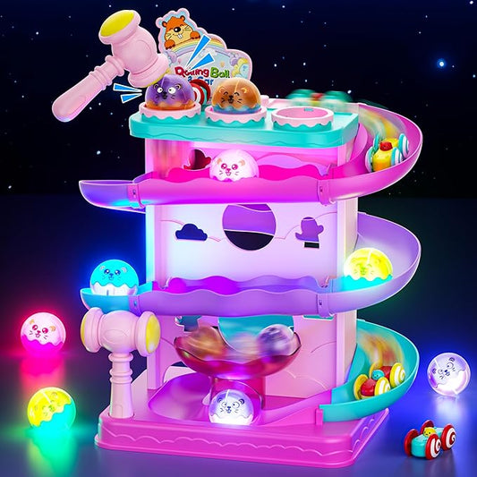 Funwee 2-in-1 Ball & Racing Car Ramp Toy for Toddlers, Race Track Hammer Rolling Lights Ball Drop, Interactive Montessori Learning Game Birthday Gift Idea for Kids 2 3 4 5+Year Old Girl Boy(Pink)