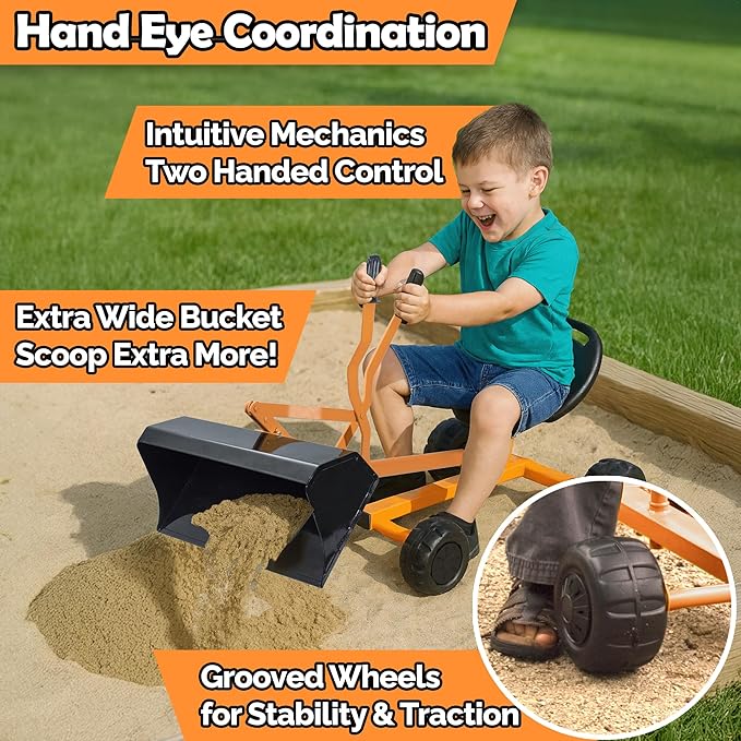 WONKAWOO Sand Digger Backhoe Loader for Kids, 360 Degree Ride On Metal Excavator Bulldozer Digging Toy for Sandbox and Beach, Patented Extra Wide Scoop Bucket