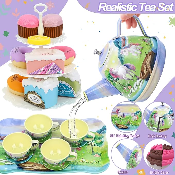 Tea Party Set for Little Girls,50PCS Princess Horse Tea Time Toy Including Food Sweet Treats Playsets,Teapot Tray Cake,Tablecloth & Carrying Case,Kids Kitchen Pretend Play for Girls Boys Age 3 4 5 6
