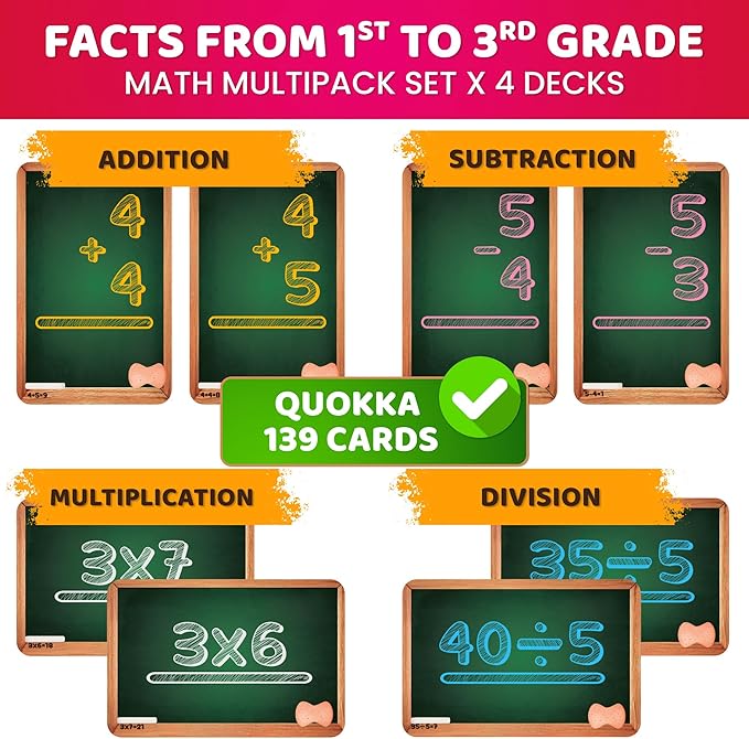QUOKKA Math Flash Cards for Kids Ages 5-8 - Addition and Subtraction, Multiplication and Division Games for Kids 5-7 - 139 Double-Sided Flashcards for Studying - Large Bold Fonts - Flash Card Rings