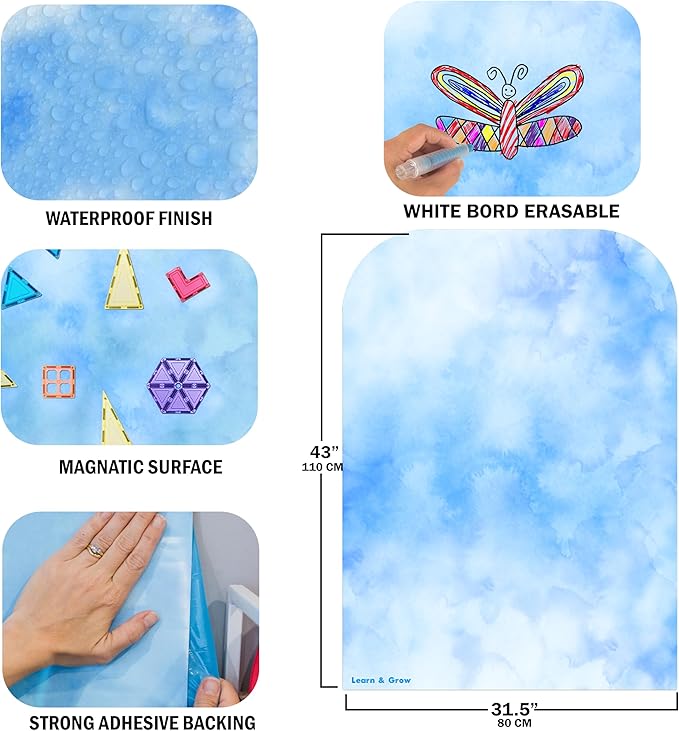 Learn & Grow Magnetic Wall Decal – Magnetic Wall Arch for Kids Playroom Decor - Peel, Stick & Doodle Sticker Board Sheet - Multifunctional Magnet Tiles Learning Panels for Creative Play, Blue