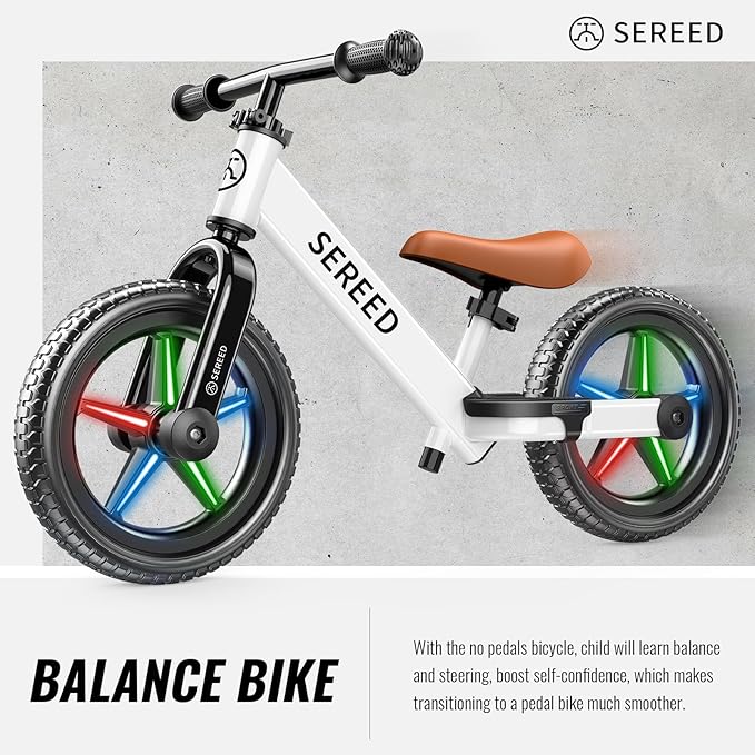 SEREED Toddler Balance Bike 2 Year Old, No Pedal Kids Bicycle Toys for 2-5 Years Old, Tool-Free Adjustment, Customize Plate with Stickers, Gift for 2-3 Boys Girls (White Lighting)