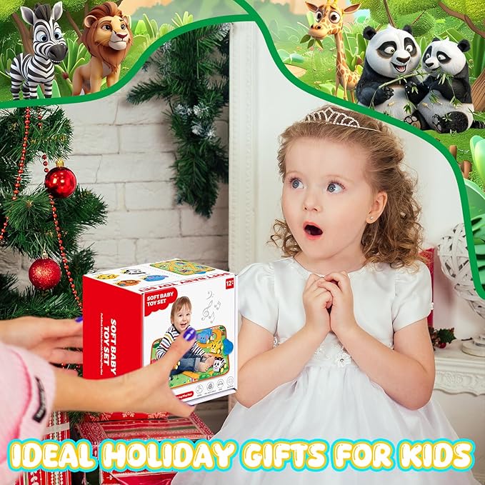 New Pull Back Vehicle & Music Mat Set, Soft Baby Toy Set with 4 Cute Animal Cars and Touch Play Blanket, New Interactive Mode, Folding and Storage 2-in-1, First Birthday Gifts for Toddler Toys 1-3