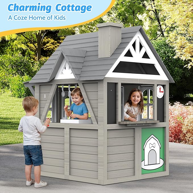 Kids Outdoor Playhouse,Cedar Gray Wooden Play House for Kids Ages 3-8, with Play Kitchen, Interactive Doorbell, Toy Phone, Sink, Flowerpot