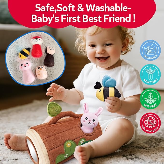 Baby Toys 6-12 Months - Jungle Soft Plush Stuffed Animal Set with Rattle, Squeaker & Mirror - Montessori Sensory Toys for Babies Ball 6 7 8 9 Months, Baby Christmas Birthday Boy Girl Gifts