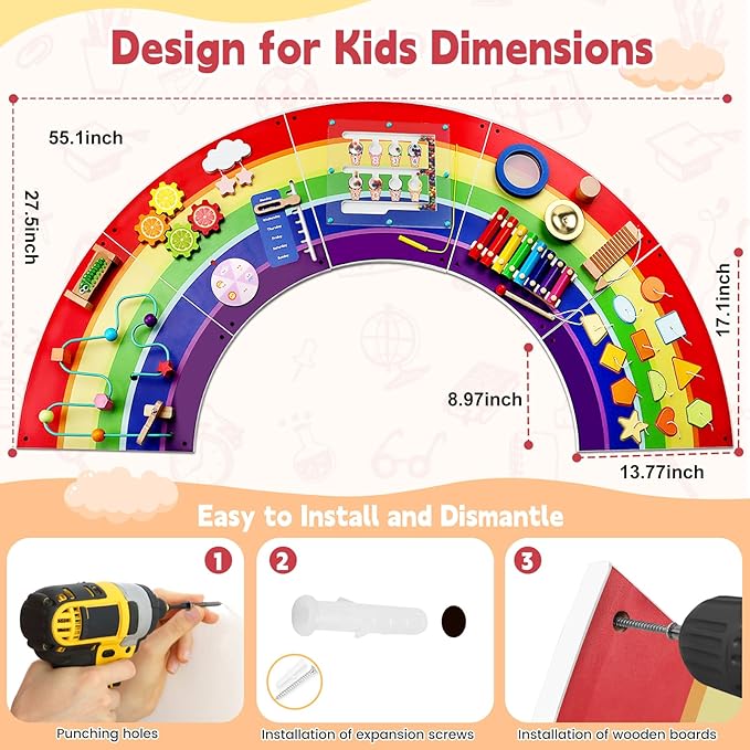 Activity Wall Toddlers Sensory Board: Busy Board - Sturdy Wooden Educational Montessori Toys for 3 Year Old - Safe Wall Activity Panel for Kids Gift - Daycare Learning Center Toddler Room Decor