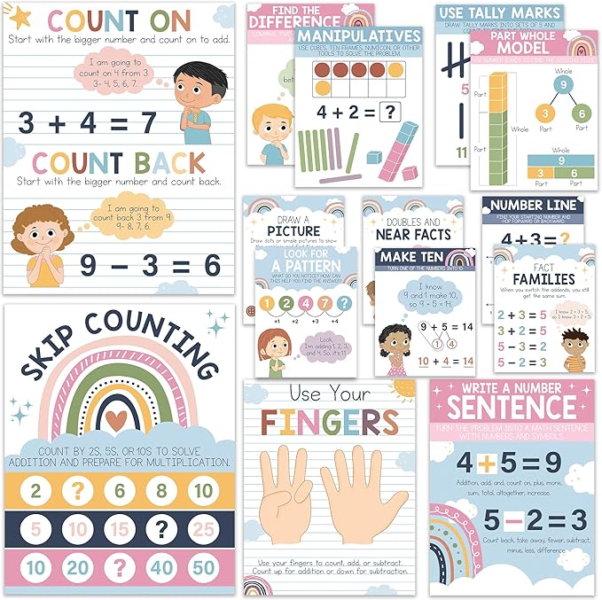 BrightenKidz 14 Pcs Boho Math Posters for Elementary School Classroom Decor, 8.5" x 11" Mathematics Strategy Posters, Math Bulletin Board Sets, Teacher Classroom Must Haves, 1st & 2nd Grade Supplies