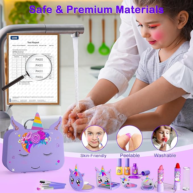 Kids Makeup Kit for Girl - 2 in 1 Kid Washable Makeup Toys & Nail Art Kit with Unicorn Cosmetic Case, Play Makeup for Girls, Real Girl Make up Sets for Christmas Birthday Gifts Toys for 3-12 Year