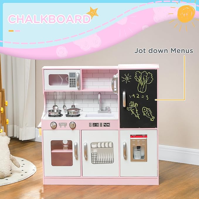 Qaba Play Kitchen, Kids Kitchen Playset Pretend Play Toy Kitchen with Play Phone, Chalkboard, Towel Rack, Ice Maker, 5 Accessories, Storage Space, Microwave & Sink, Gift for 3-8 Years, Pink