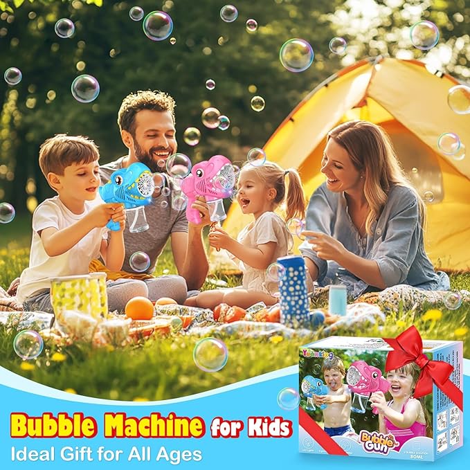 3 Pack Bubble Mahine Gun - Dinosaur Bubbles Blower with LED Light Outdoor Toys for Ages 4-6 Boys Girls Gift for 3 4 5 6 7 8 Year Old Kids Easter Basket Stuffers Valentine Birthday (Green+Blue+Pink)