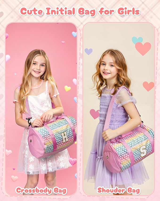 Gifts for 6 7 8 9 10 Year Old Girl, Girls Travel Duffel Bag, Kids Initial Overnight Bags with Shoe Compartment, Personalized Weekender Bag with Makeup Pouch, Trendy Stuff (Letter T)