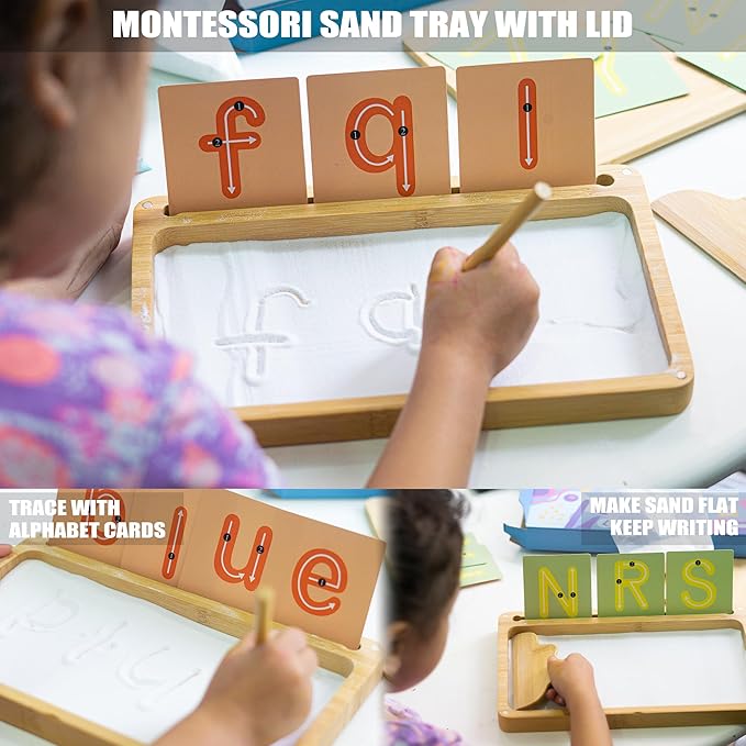 Sand Tray for Classroom Wooden Montessori Sand Tray with Lid for Kids Writing Letters and Numbers, Preschool Classroom Must Haves, Kindergarten Learning Tools (White)