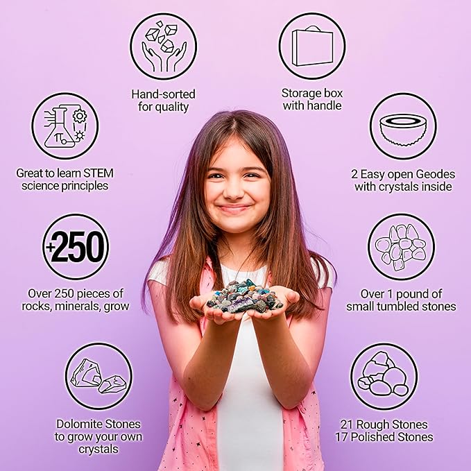 DANCING BEAR Rock, Mineral & Geodes Treasure Hunt Activity Kit (250 Pc Set) Real Shark Teeth Fossils, ID Sheet & Rock Book, STEM