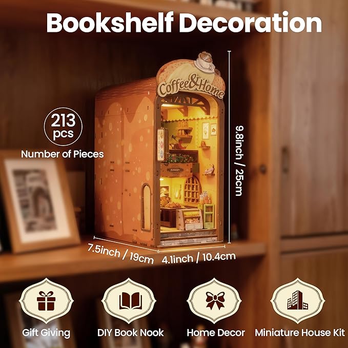 Book Nook Kit - DIY Miniature House Kit for Adults, Dollhouse Booknook Tiny House Bookshelf Decor 3D Wooden Puzzle Street Model, Ideal Gift for Book Lovers, Family, Friends (Coffee & Home)