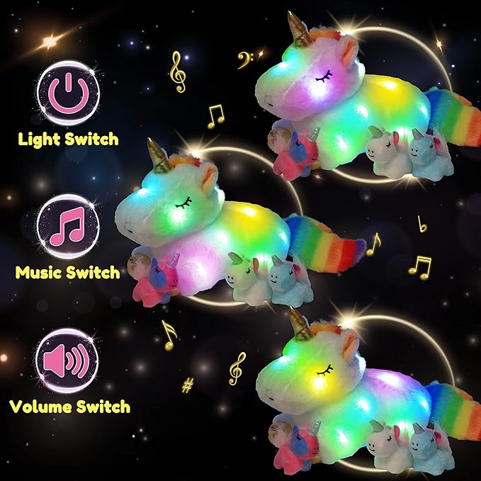 Hopearl LED Musical Stuffed Unicorn Playset Lighting Up Singing Plush Toy Mommy Unicorn with 3 Baby Unicorns in her Tummy Adjustable Volume Lullaby Animated Soothe Gifts for Kids Girls, White, 19''