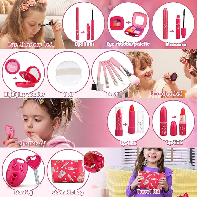 Toddler Girl Toys, Pretend Makeup Kit for Girls 3-5, Kids Play Makeup Set for Kids 3-5 4-6, Toddler Makeup Kit with Fake Makeup Set, Car Key & Make up Toy for Age 3 4 5 Year Old Girl Gifts