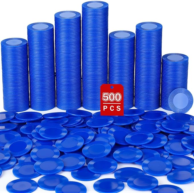 Leitee 500 Pcs Blue Plastic Poker Chips Bulk 1.5 Inch Mini Bingo Chips Tokens Markers Blank Casino Counting Discs Learning Math Counters for Adults Interlocking Game Counting Reward Card